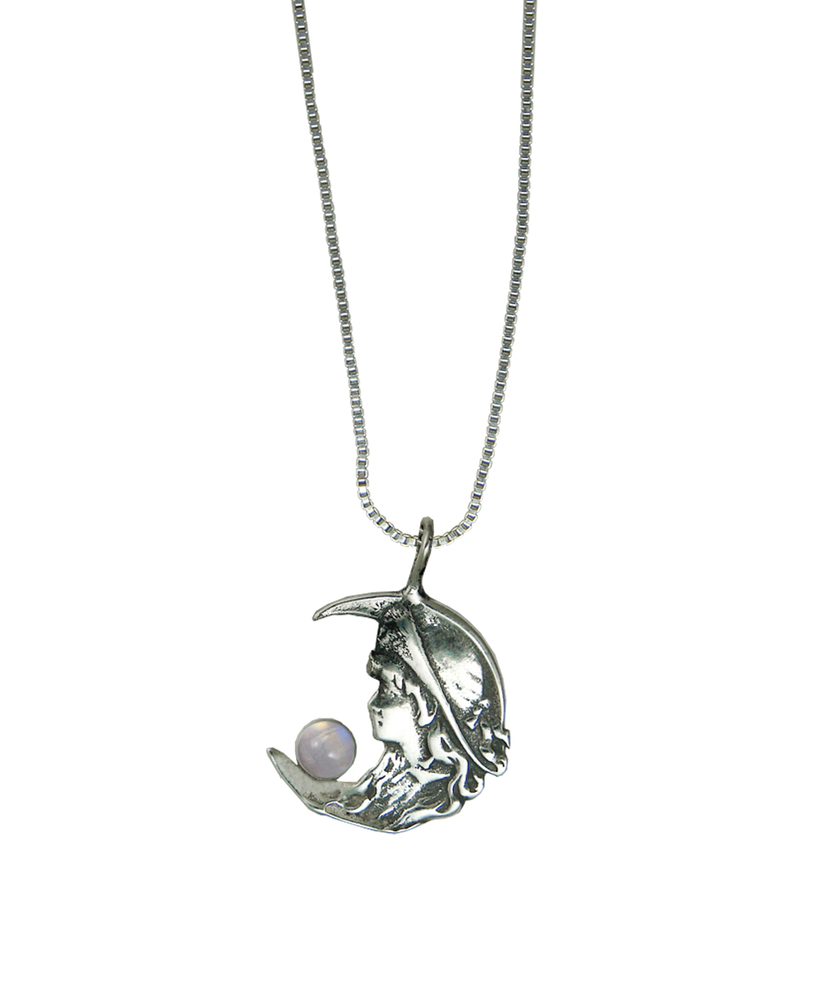 Sterling Silver Young Moon Goddess Pendant With Rainbow Moonstone